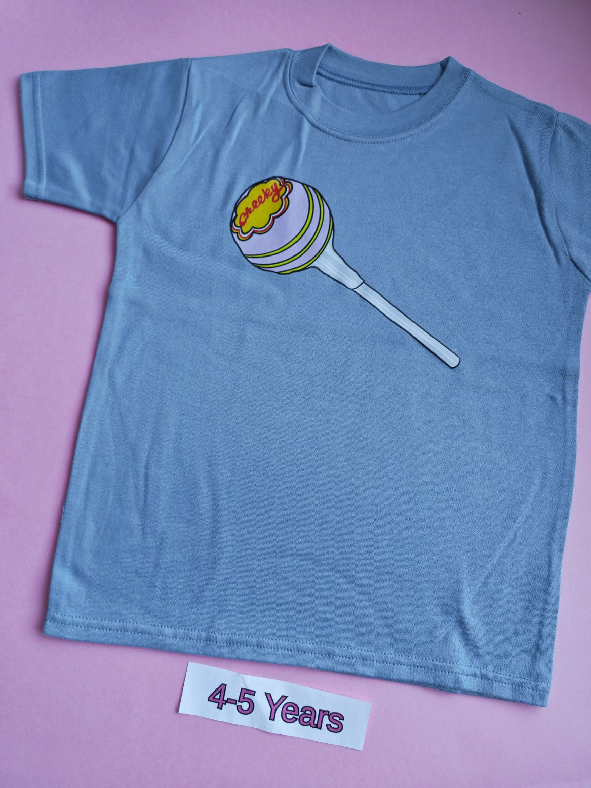 Blue children's t-shirt with colourful lollipop design, size 4-5 years