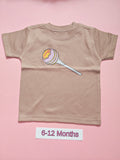 Taupe children's T-shirt with pastel lollipop design, size 6-12 months