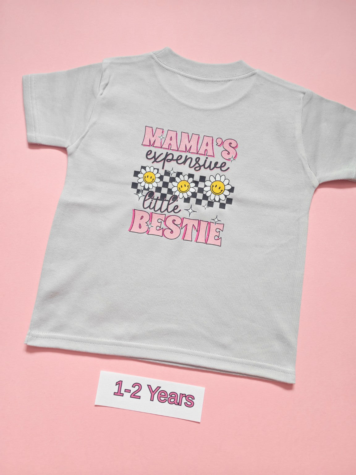 Frozen Grey children's T-shirt with Mama's Expensive Little Bestie daisy design, size 1-2 years, back