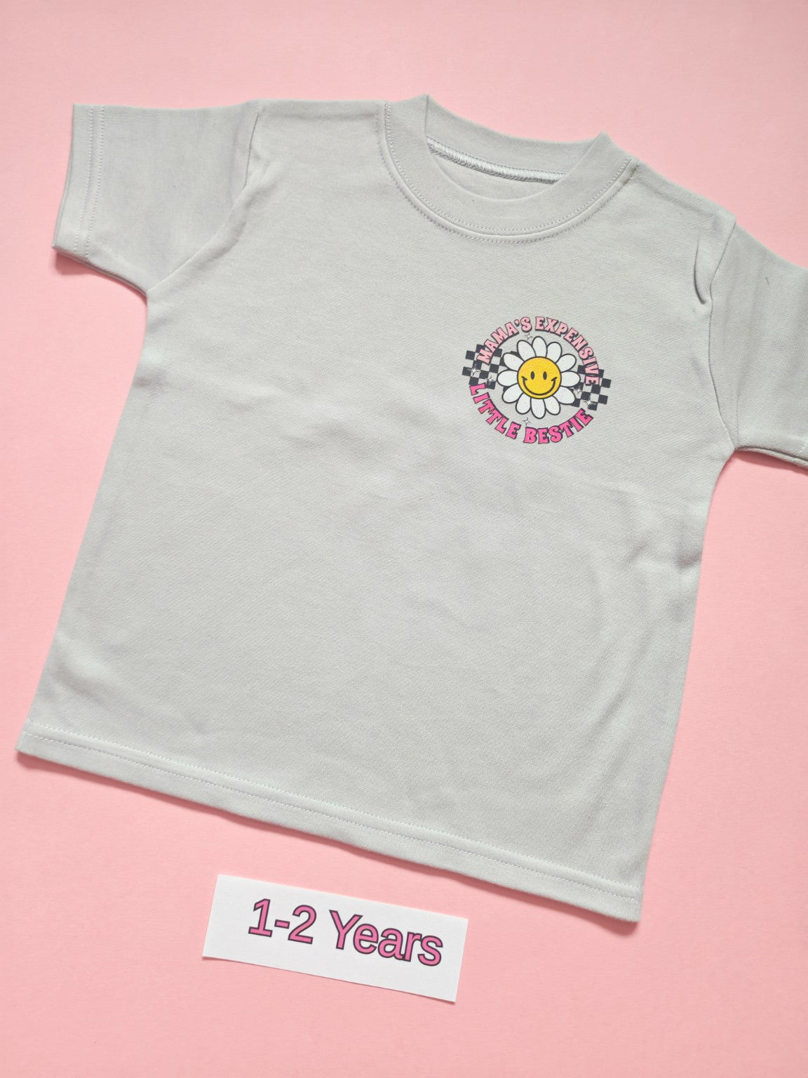 Frozen Grey children's T-shirt with Mama's Expensive Little Bestie daisy design, size 1-2 years, front