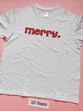 White children's Christmas T-shirt with red Merry design and heart, size 10 years