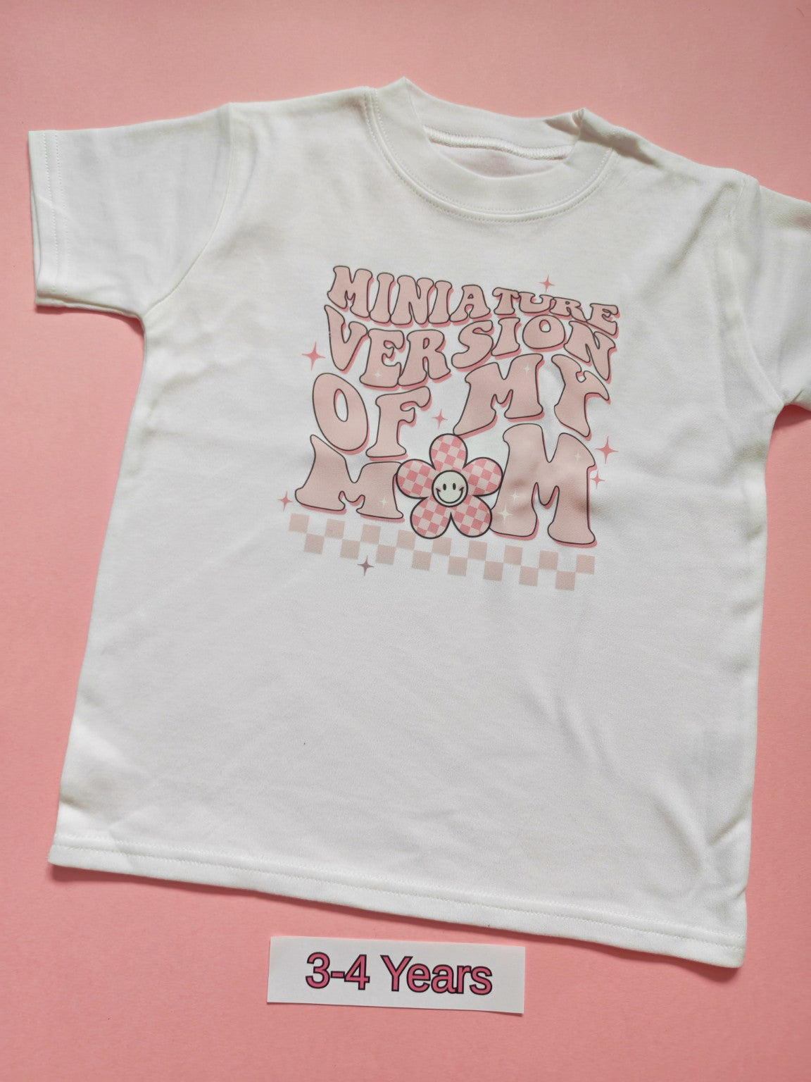 White children's T-shirt with pink Miniature Version of Me design, size 3-4 years