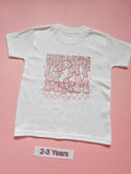 White children's T-shirt with pink Miniature Version of Me flower design, size 2-3 years