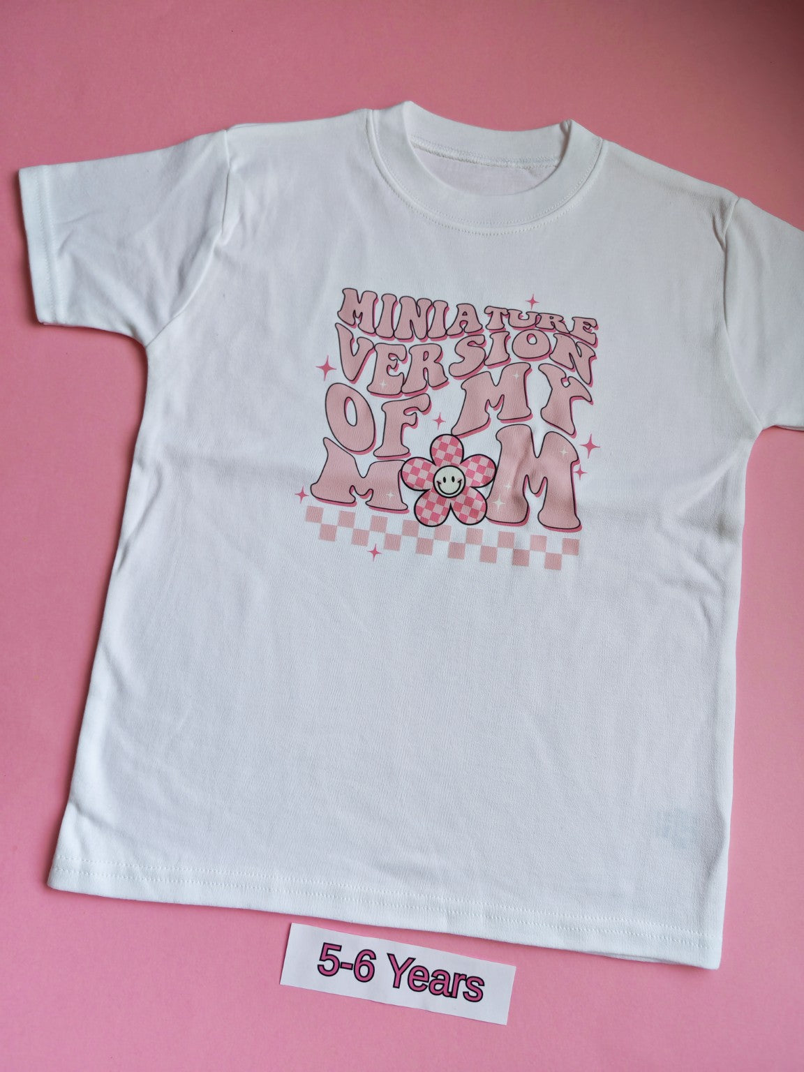 White children's t-shirt with pink Miniature Version of Me design, 5-6 years