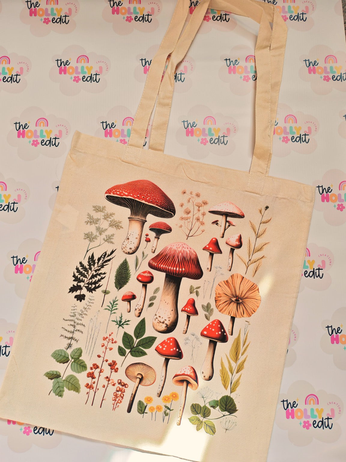 Natural cotton tote bag with colourful vintage mushroom and botanical design