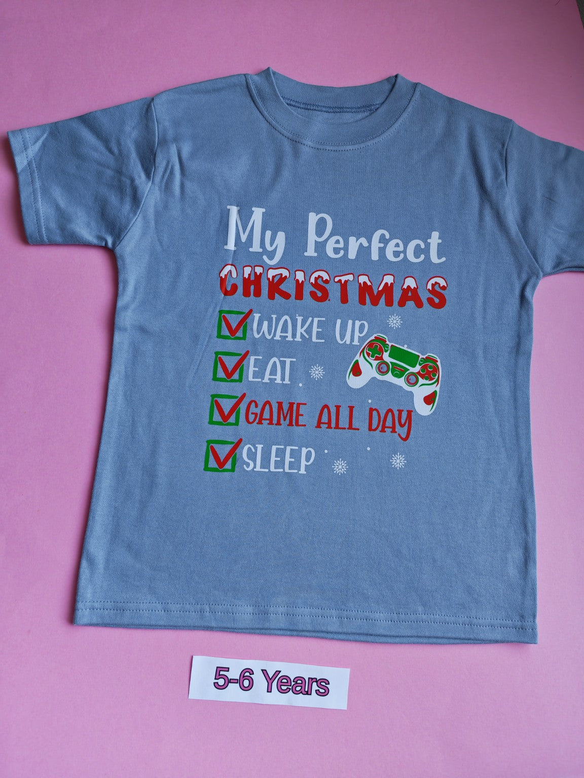 Blue children's Christmas gaming t-shirt with My Perfect Christmas design, size 5-6 years