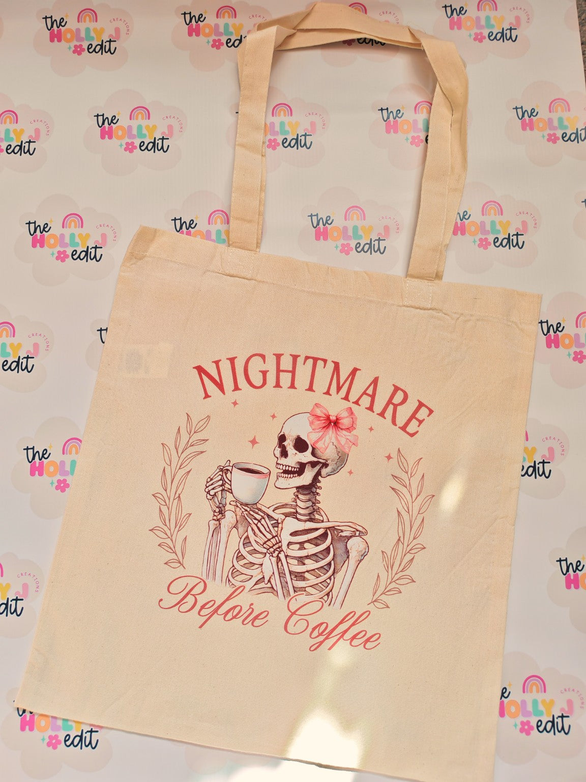 Natural cotton tote bag with skeleton coffee and Nightmare Before Coffee design