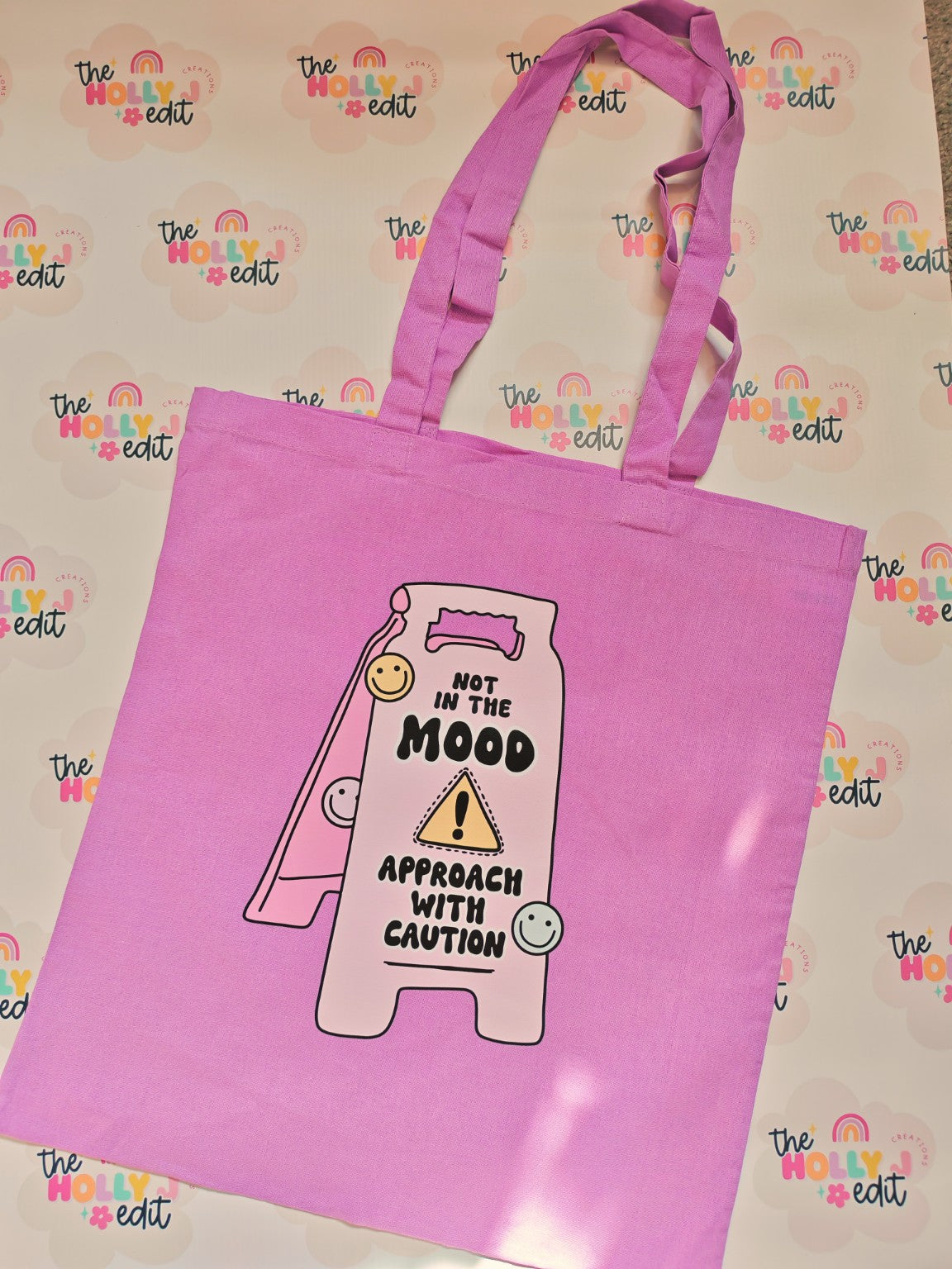 Pink cotton tote bag with Not In The Mood Approach With Caution design