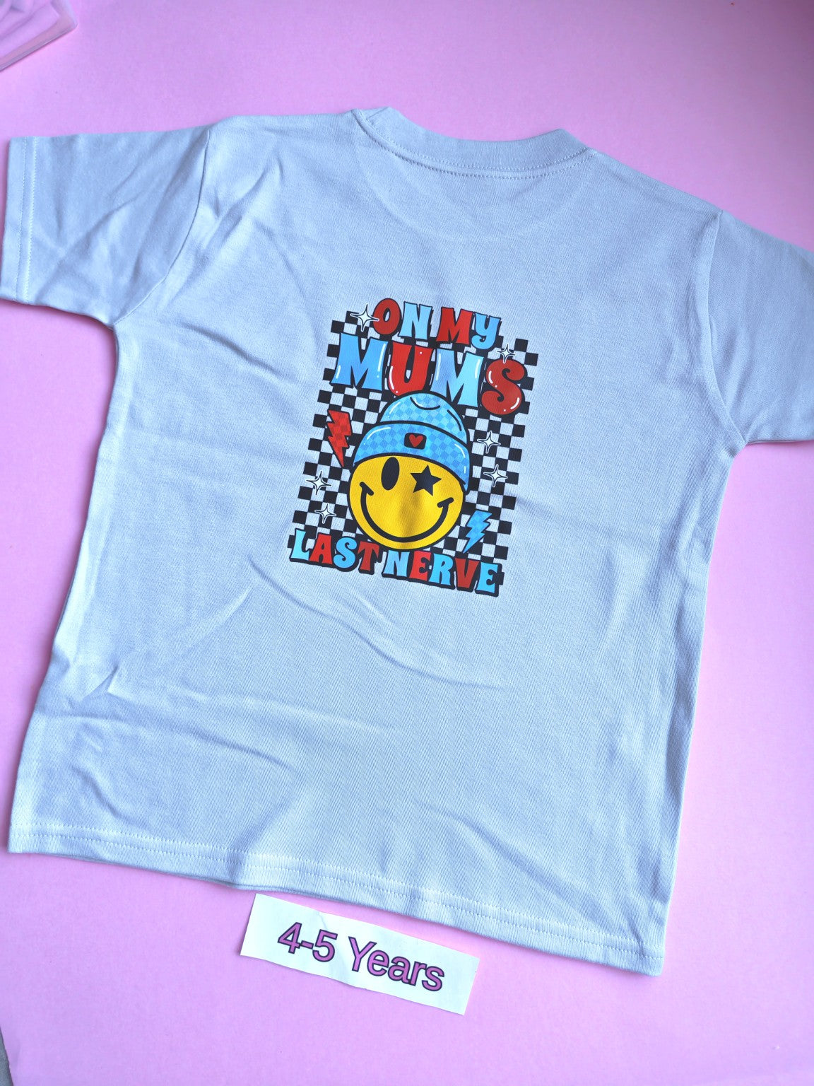 Frozen grey children's t-shirt back with On My Mum's Last Nerve design, size 4-5 years