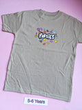 Taupe children's t-shirt with colourful Parties birthday design, 5-6 years