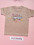 Taupe children's T-shirt with colourful Parties design, size 6-12 months