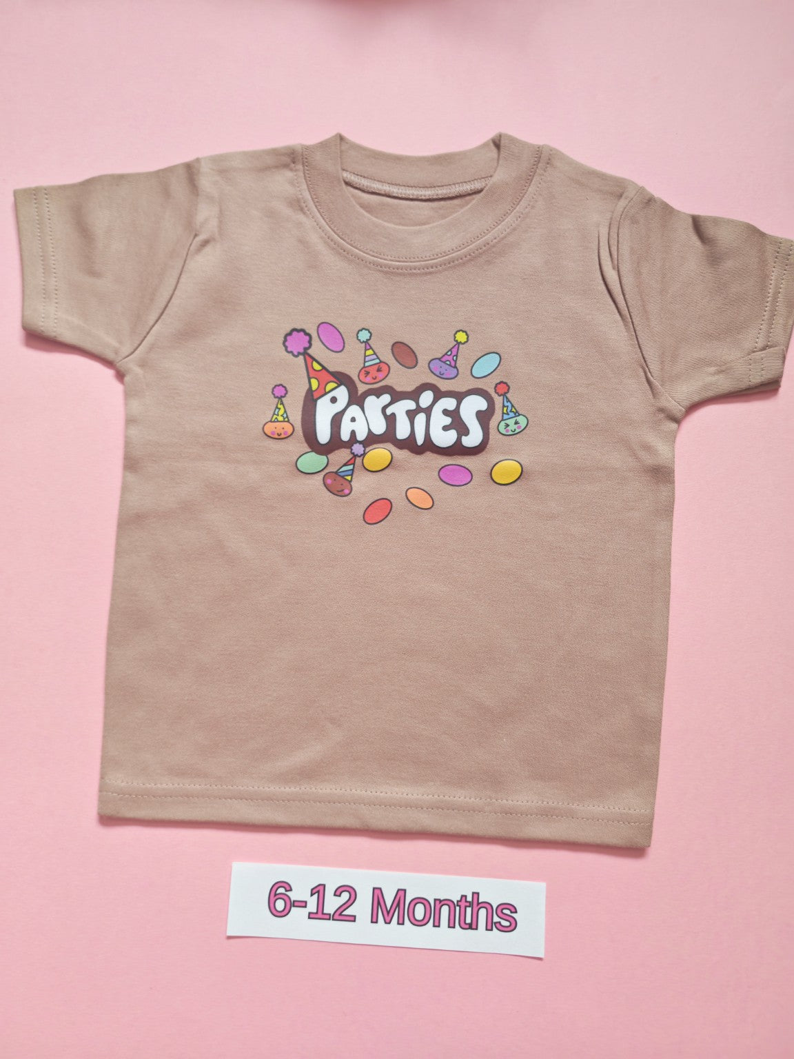 Taupe children's T-shirt with colourful Parties design, size 6-12 months