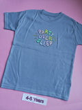 Blue children's t-shirt with colourful Party Over Sleep design, size 4-5 years