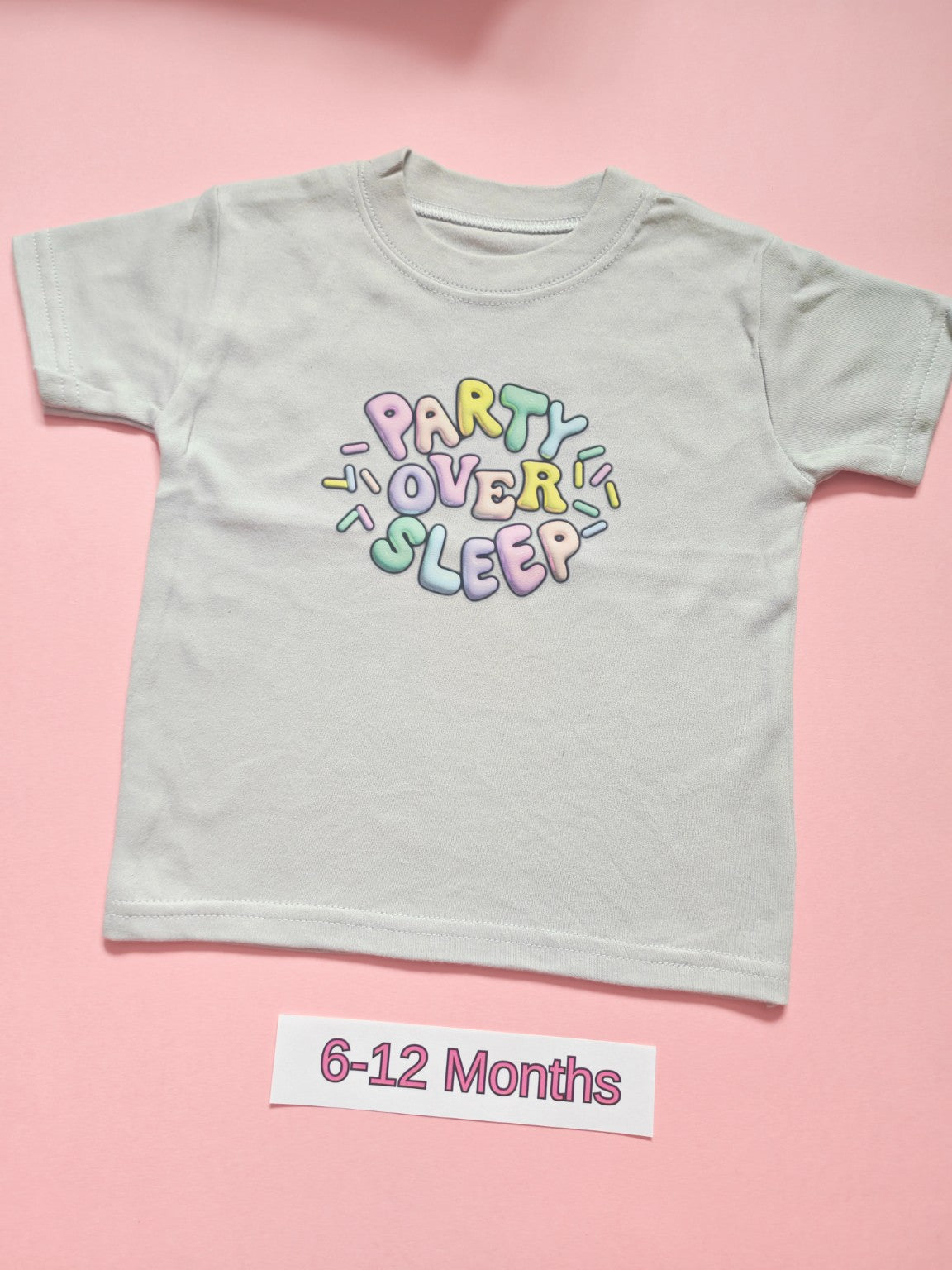 Frozen grey children's T-shirt with colourful Party Over Sleep design, size 6-12 months