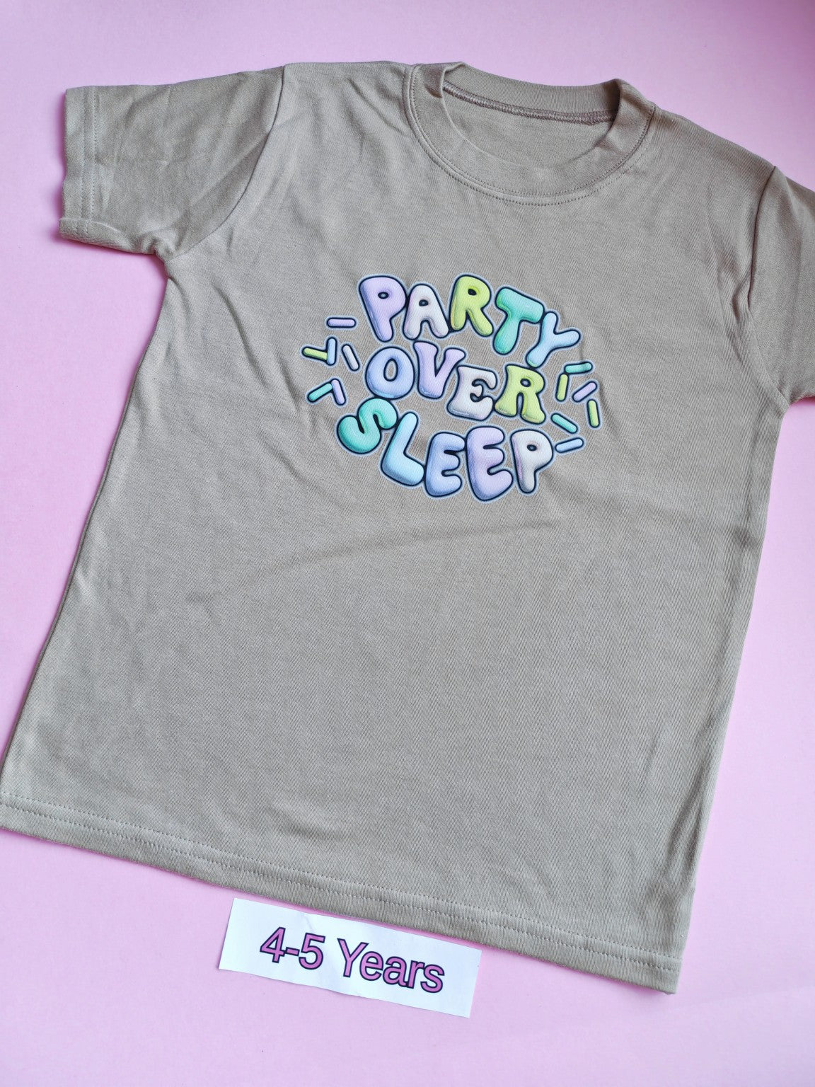 Taupe children's t-shirt, 4-5 years, Party Over Sleep design