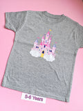 Grey children's t-shirt with colourful pink fairytale castle design, 5-6 years