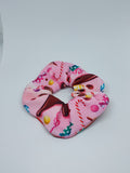 Pink handmade scrunchie with colourful sweets and candy print