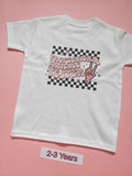 White children's T-shirt with pink Professional Patience Tester design, size 2-3 years