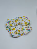 Handmade white scrunchie with rainbow and sunshine print