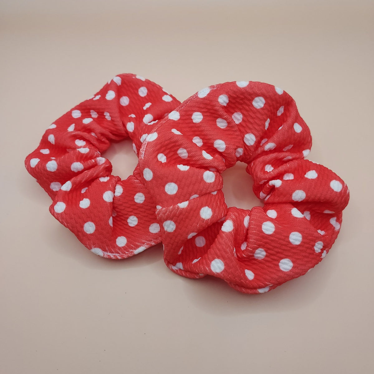 Handmade red scrunchie with white polka dots