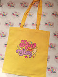 Yellow cotton tote bag with colourful Rise and Slay design