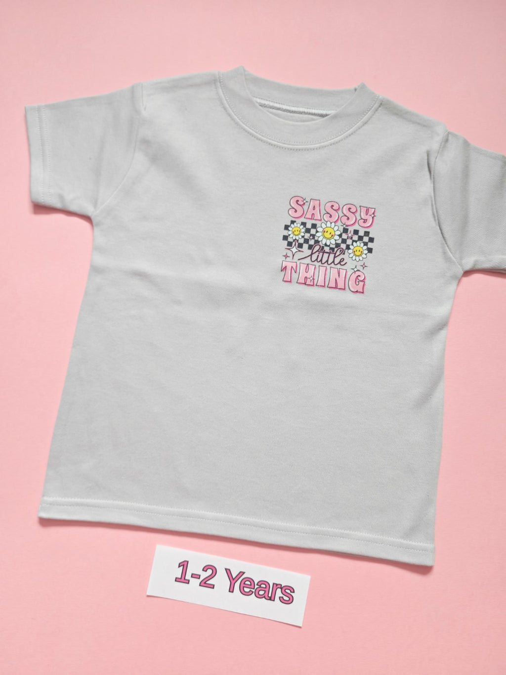 Frozen Grey children's T-shirt with Sassy Little Thing daisy design, size 1-2 years, front