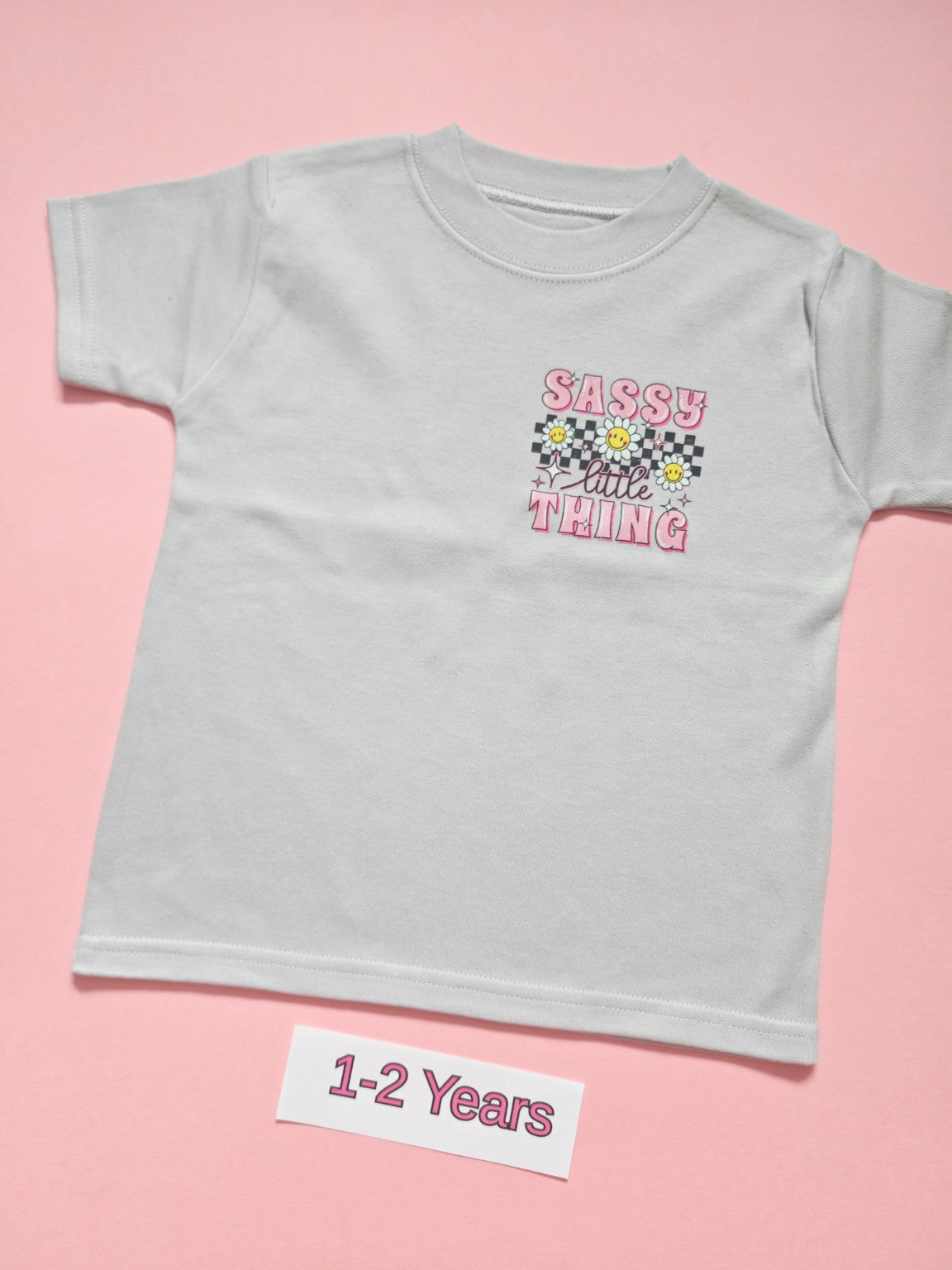 Frozen Grey children's T-shirt with Sassy Little Thing daisy design, size 1-2 years, front