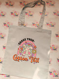 Grey cotton tote bag with cute bunny rainbow Shake Your Cotton Tail design