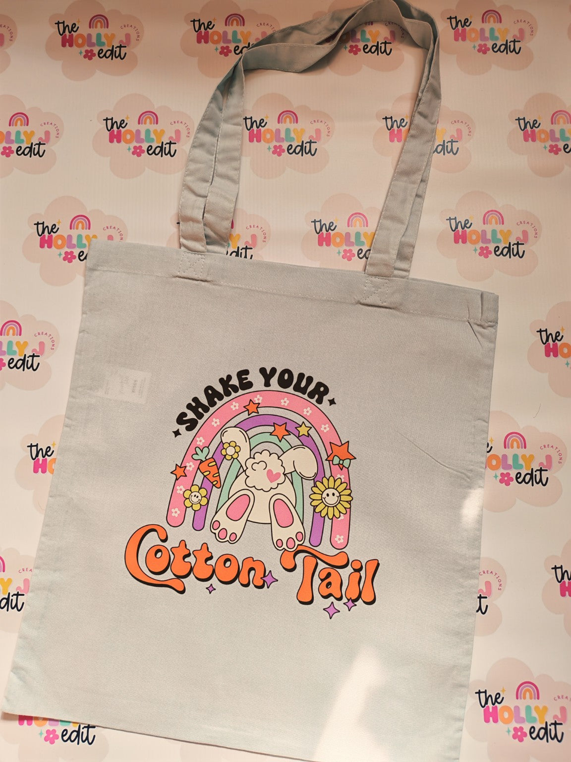 Grey cotton tote bag with cute bunny rainbow Shake Your Cotton Tail design