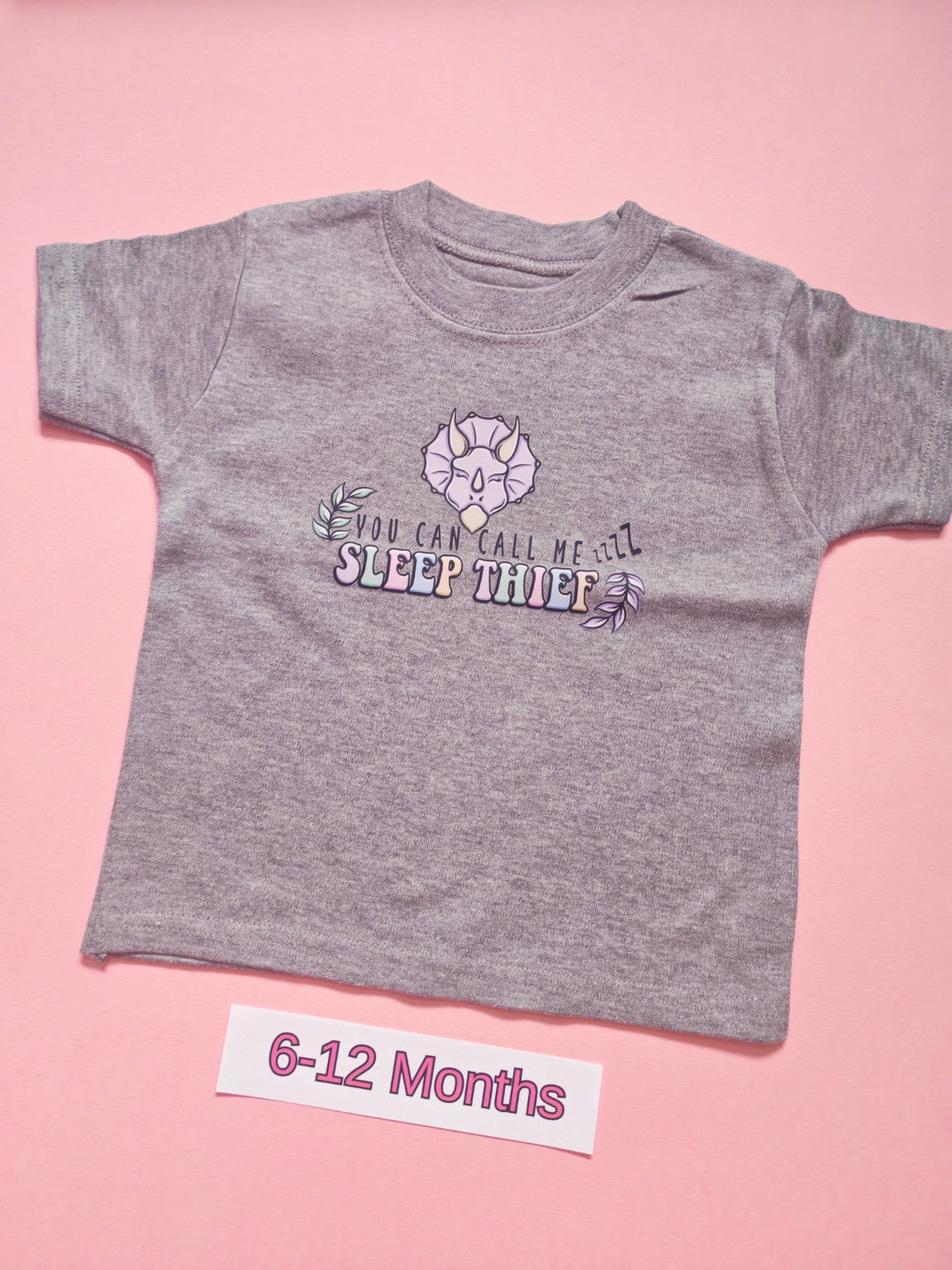 Grey children's T-shirt with purple dinosaur Sleep Thief design, size 6-12 months