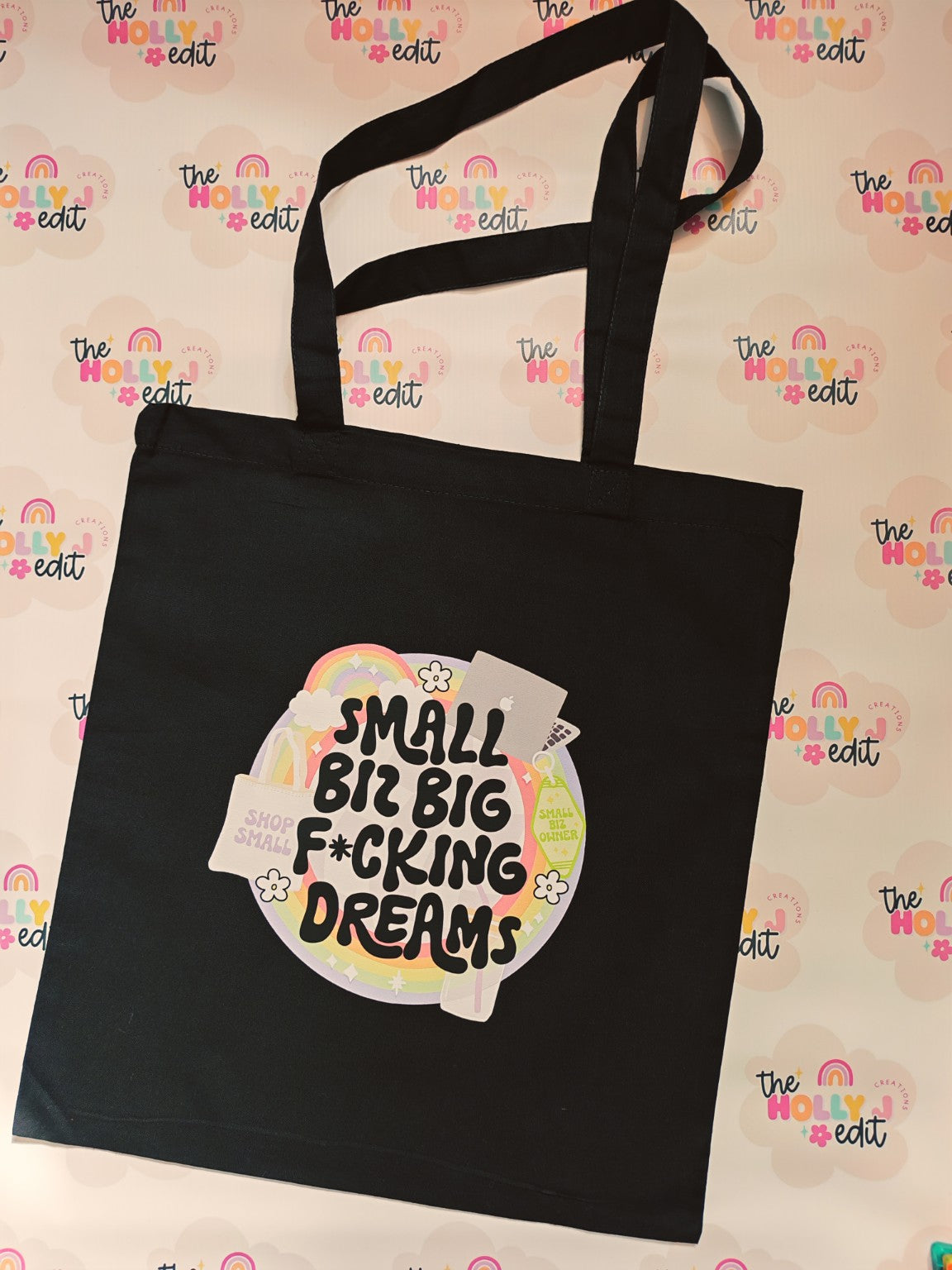 Black cotton tote bag with Small Biz Big F*cking Dreams design