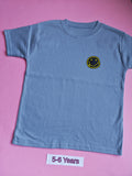 Blue children's t-shirt with yellow smiley face design, size 5-6 years