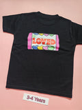 Black children's T-shirt with colourful So Loved design, size 3-4 years