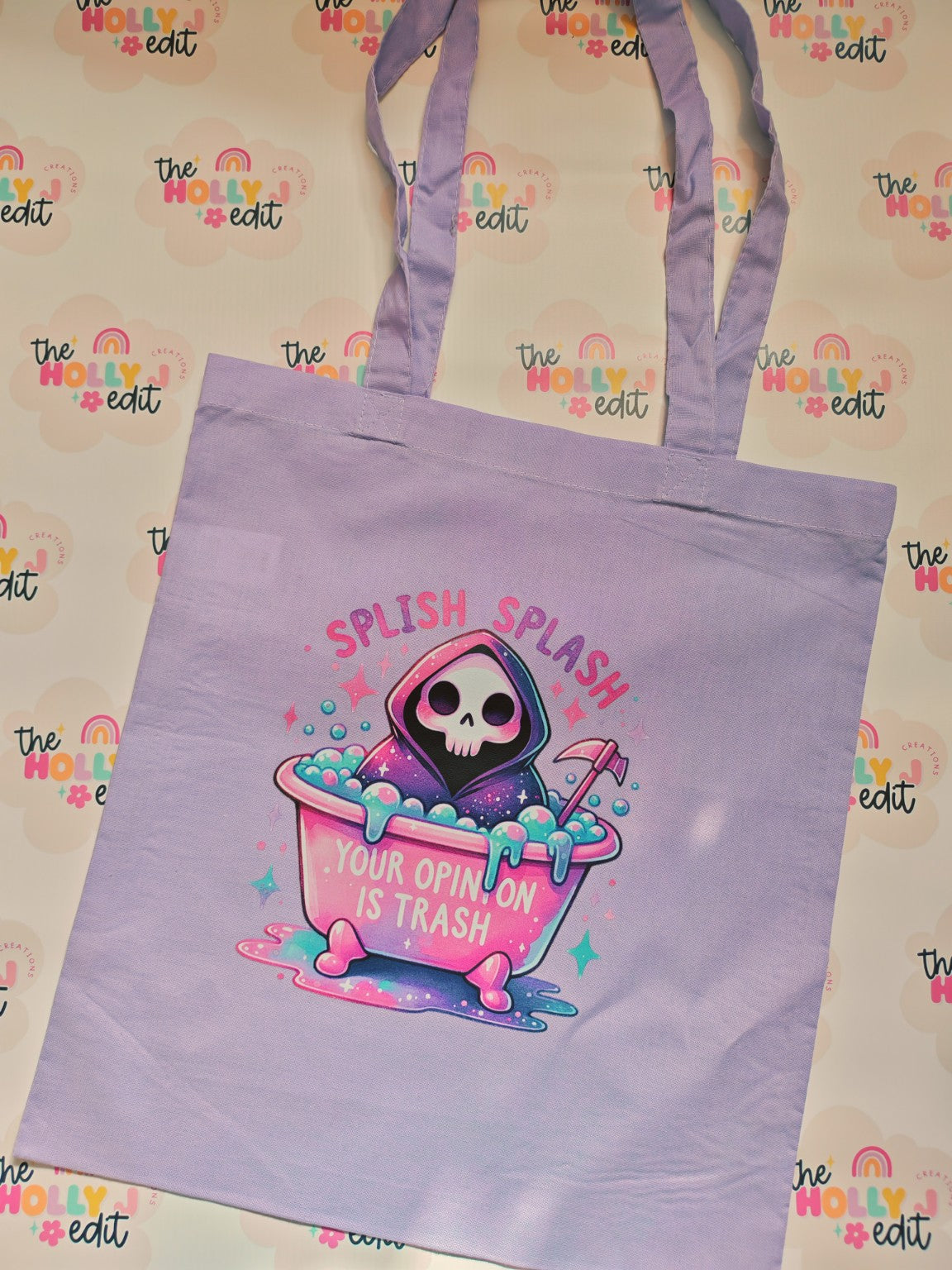 Lilac cotton tote bag with colourful Splish Splash Your Opinion Is Trash design