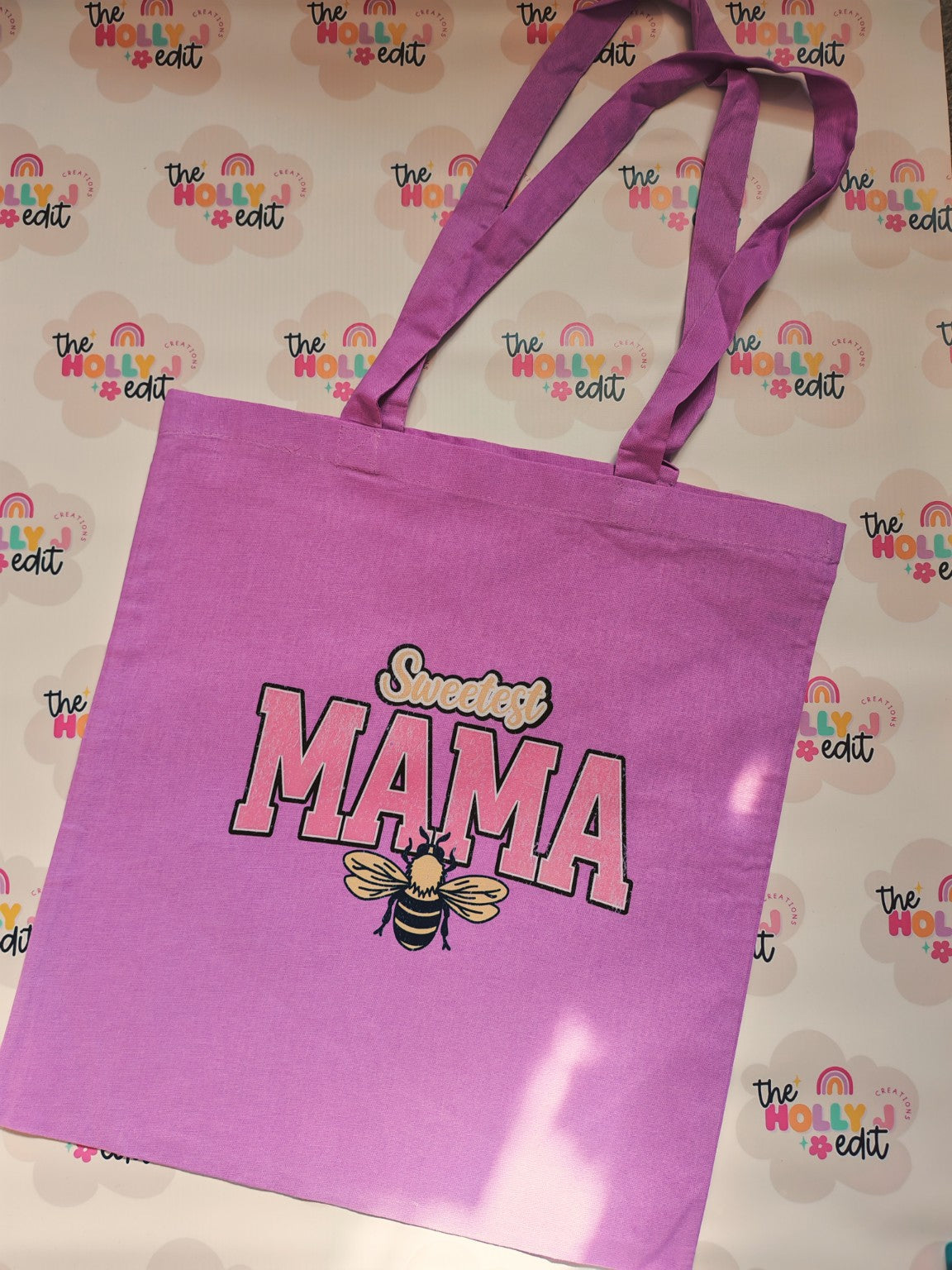 Purple pink cotton tote bag with Sweetest Mama bee design