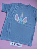 Blue children's t-shirt with pastel unicorn design, size 4-5 years