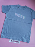 Blue children's t-shirt with pastel VIBES design, size 4-5 years